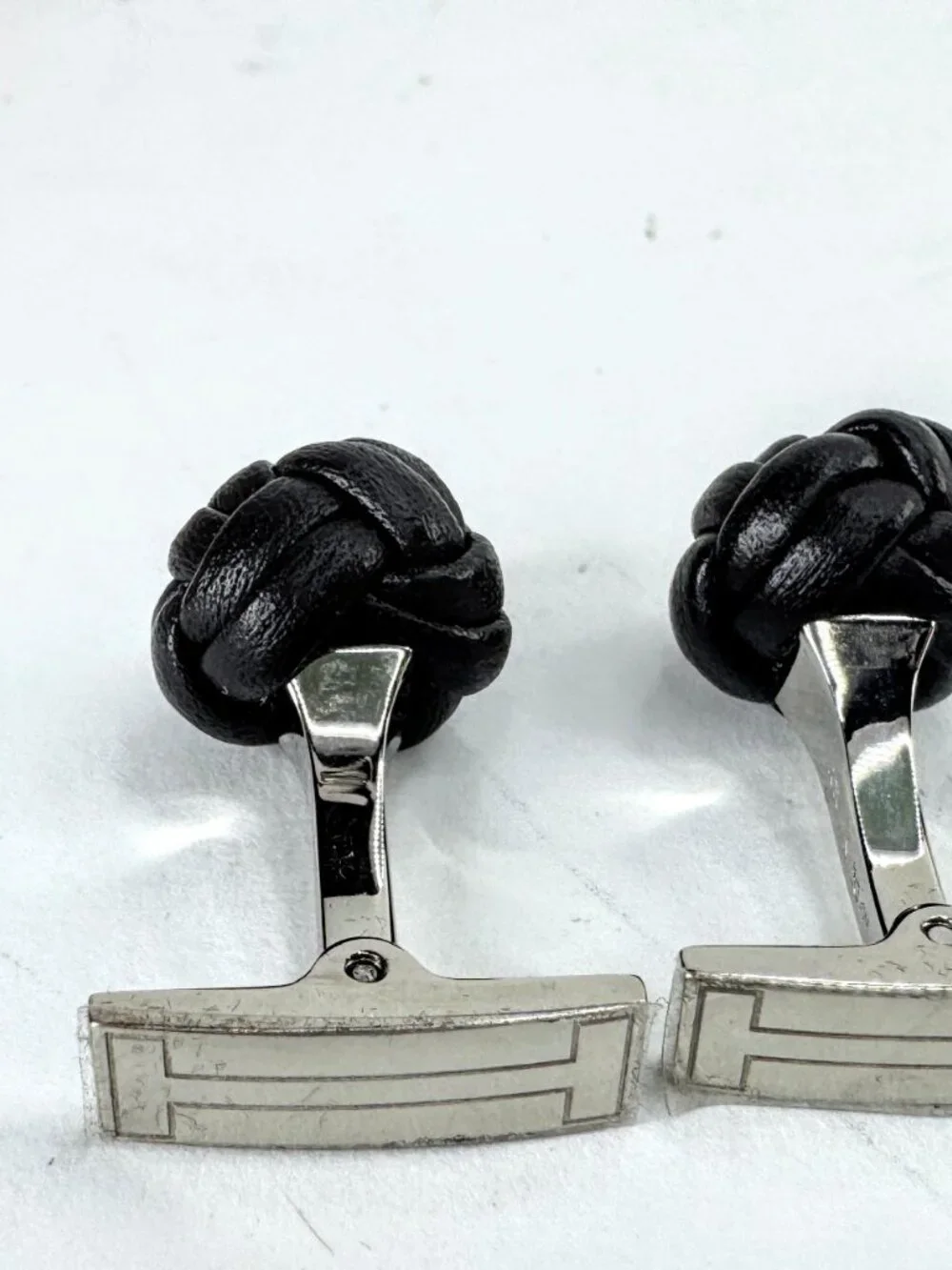 Vintage Hermès Noir Leather Pom-Pom Pompon Knot Cufflinks with Box SS393